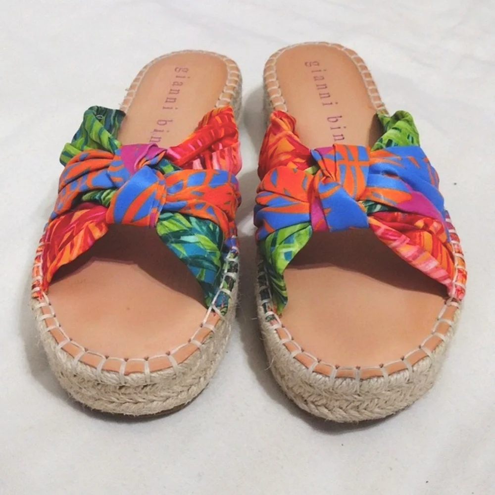 Gianni Bini Summer Beach Espadrille Slides Tropical Print Platform Sandals US 6